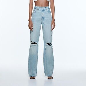Zara Light Blue Distressed Ripped Straight Leg Jeans